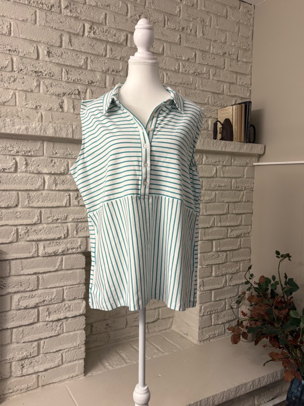 Tribal Sleeveless Striped Polo Shirt - Size XL - Reef Green/White NWT